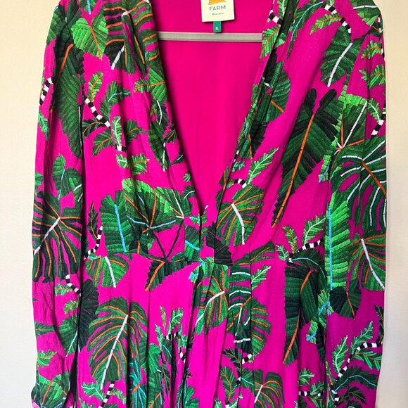 🌺 Farm Rio Leaves Pink Maxi Dress – Size XL – Deep V-Neck – 100% Viscose 🌺 - Picture 4 of 16